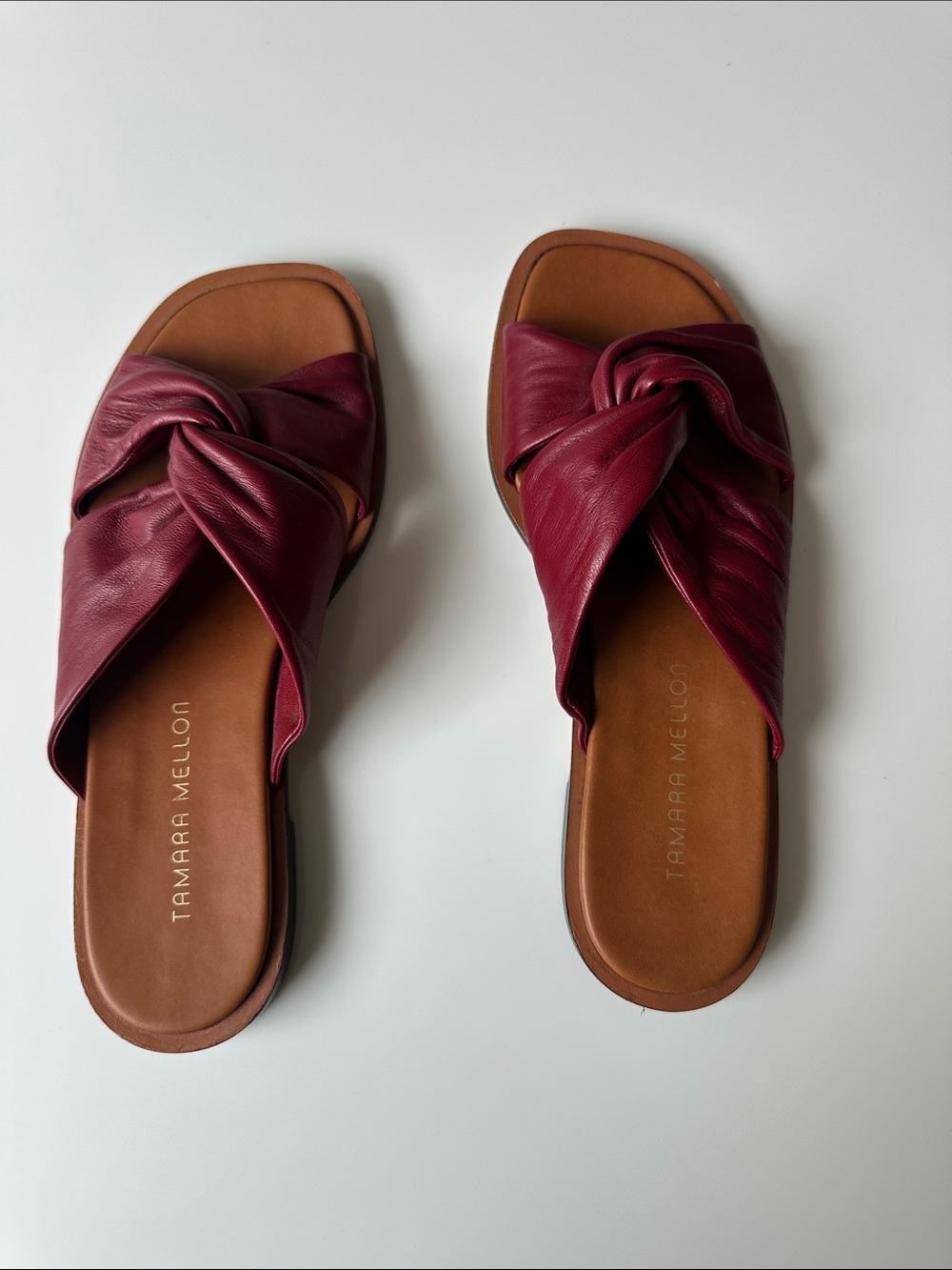 Tamara Mellon Wine Knotted Leather Slide Sandals NWT Sz.7